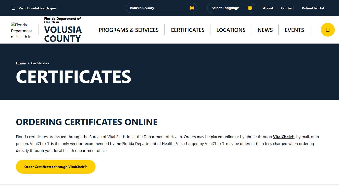 Certificates - Florida Department of Health in Volusia County