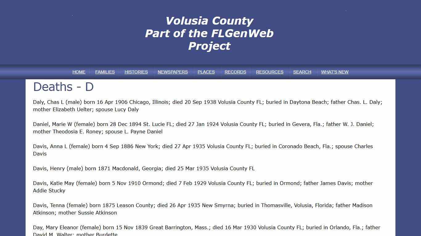Deaths D - Volusia FLGenWeb
