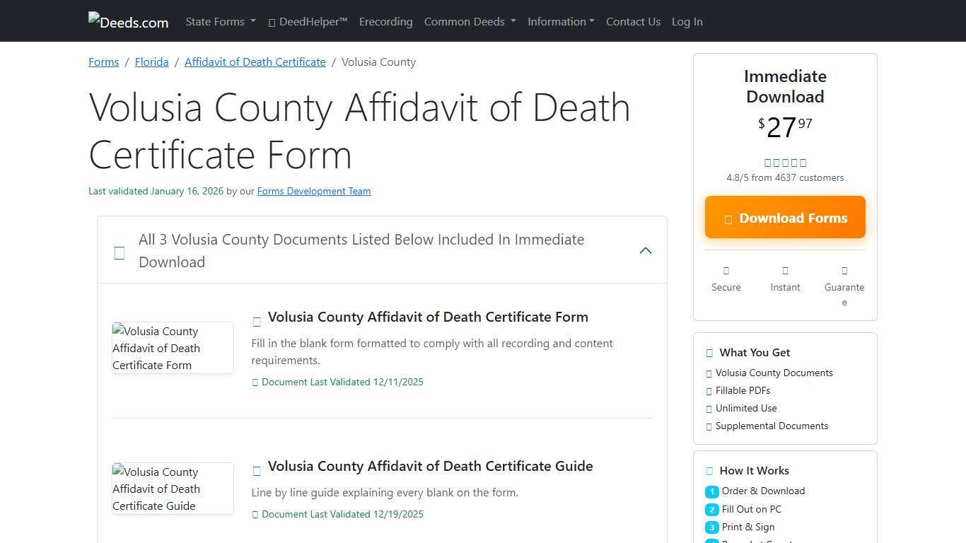 Volusia County Affidavit of Death Certificate Form Florida Deeds.com